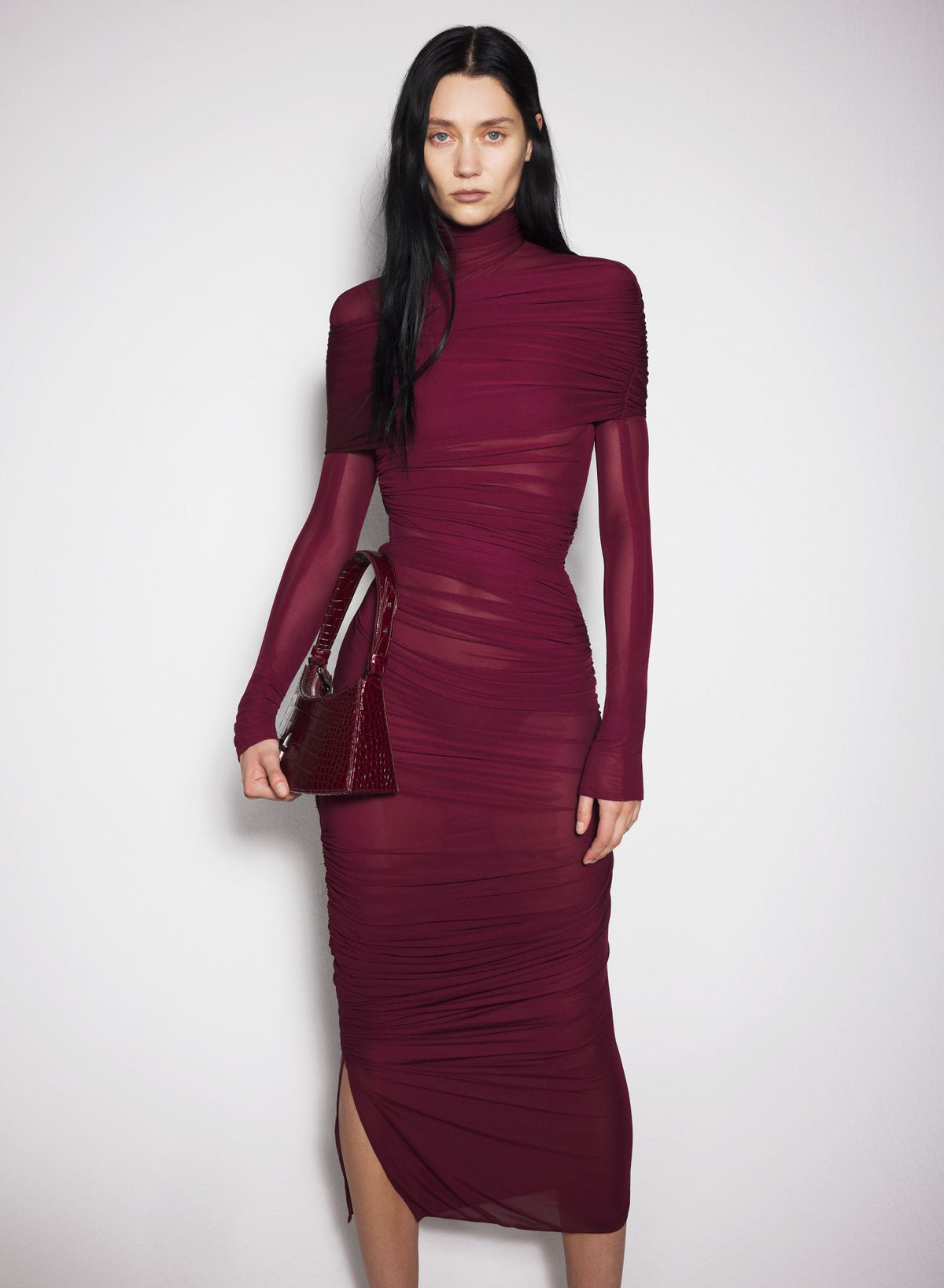 BLACK SHEER RUCHED DRESS