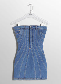 BLUE SPIRAL DENIM BUSTIER DRESS