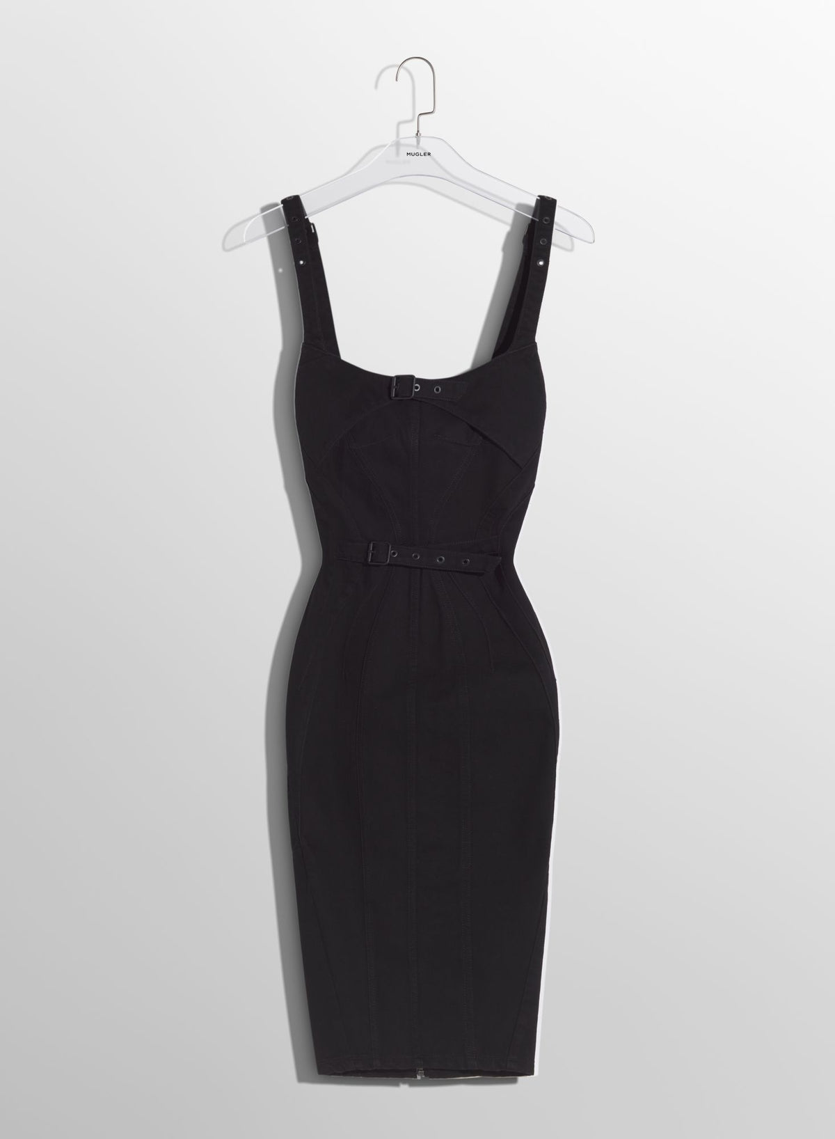 BLACK BUCKLED DENIM DRESS