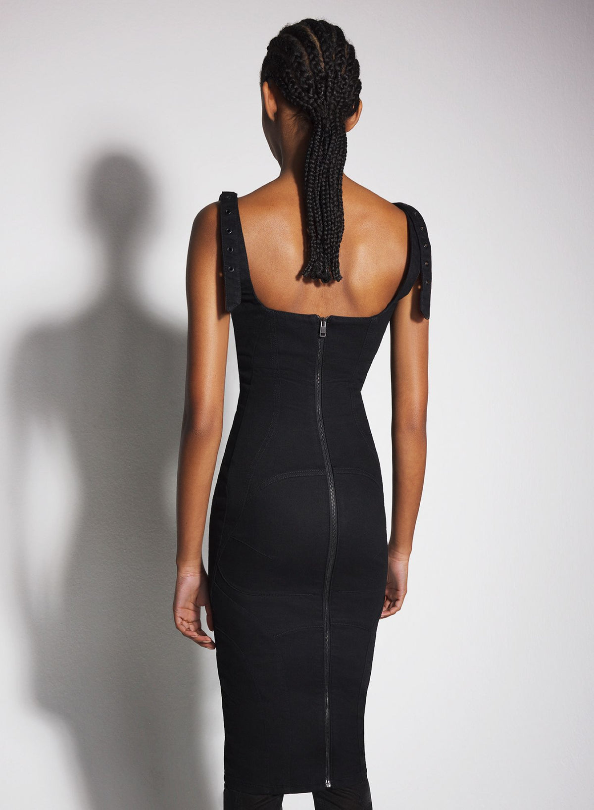 BLACK BUCKLED DENIM DRESS