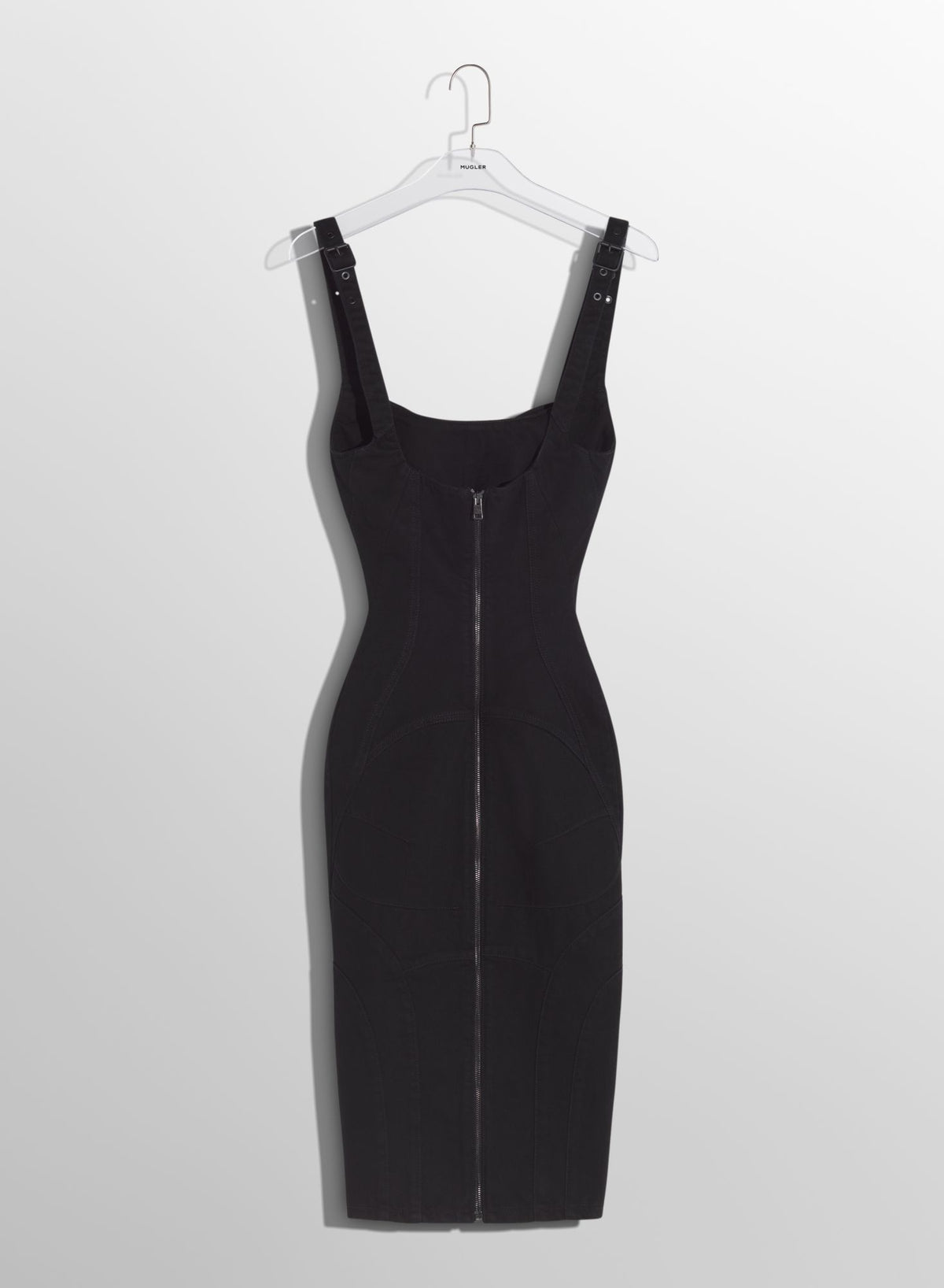BLACK BUCKLED DENIM DRESS