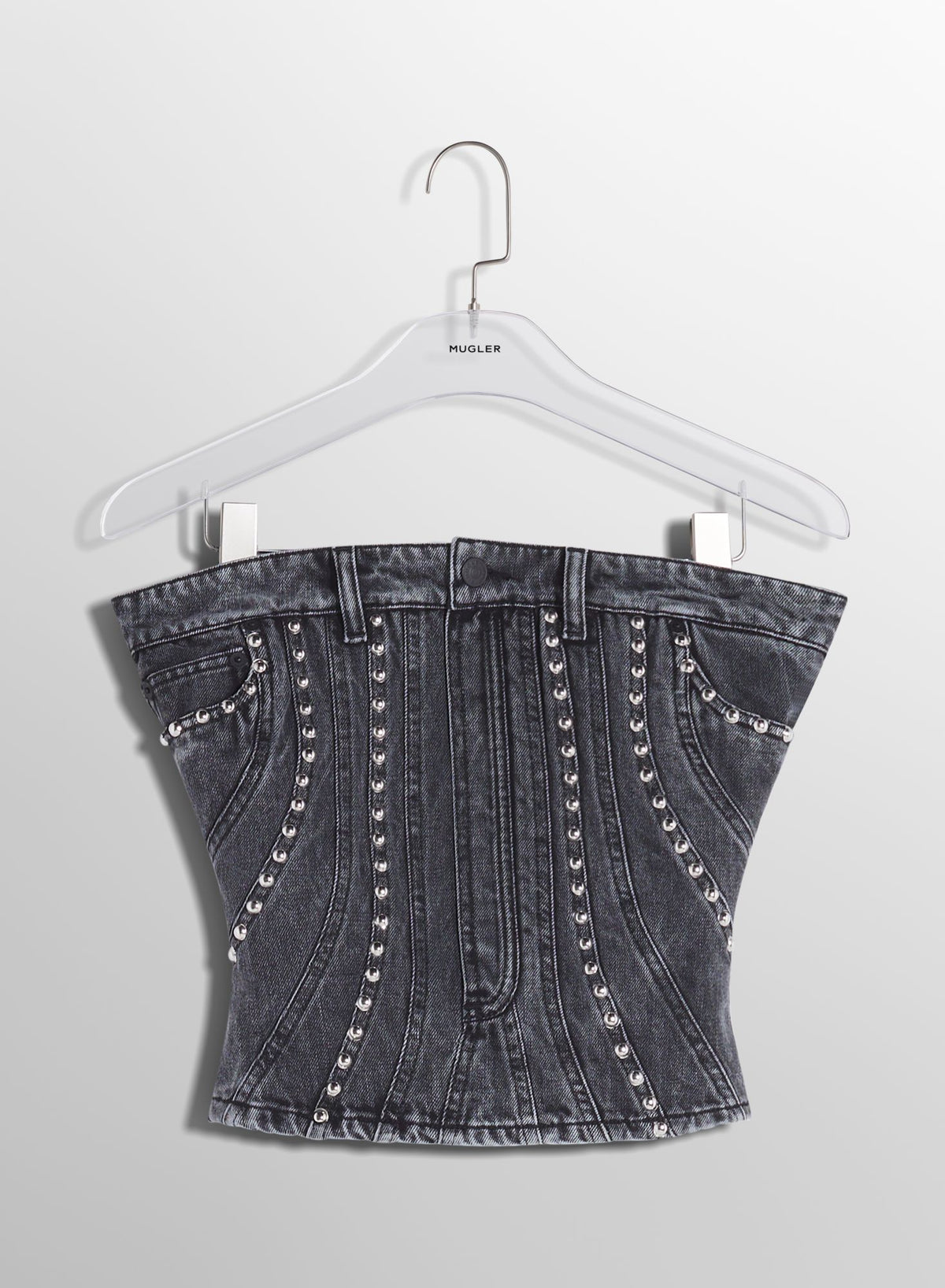 WASHED BLACK SPIRAL DENIM STUDDED BUSTIER