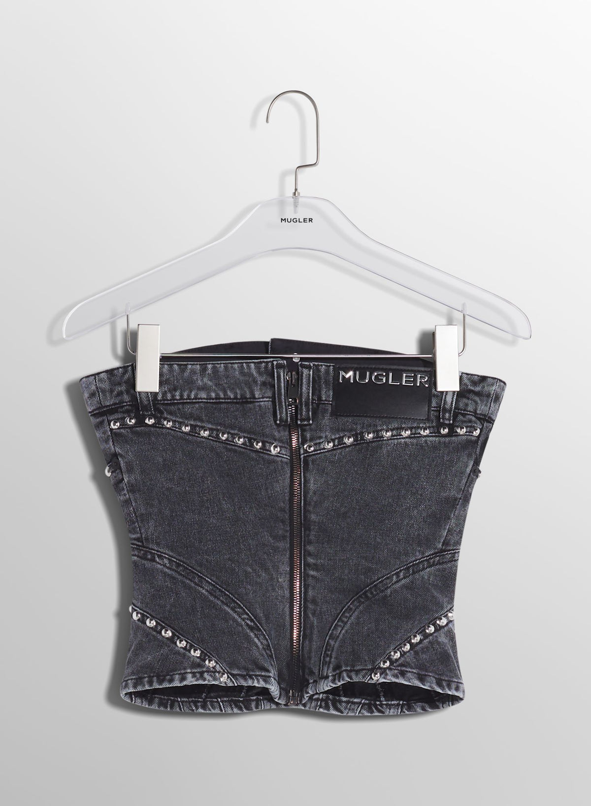 WASHED BLACK SPIRAL DENIM STUDDED BUSTIER