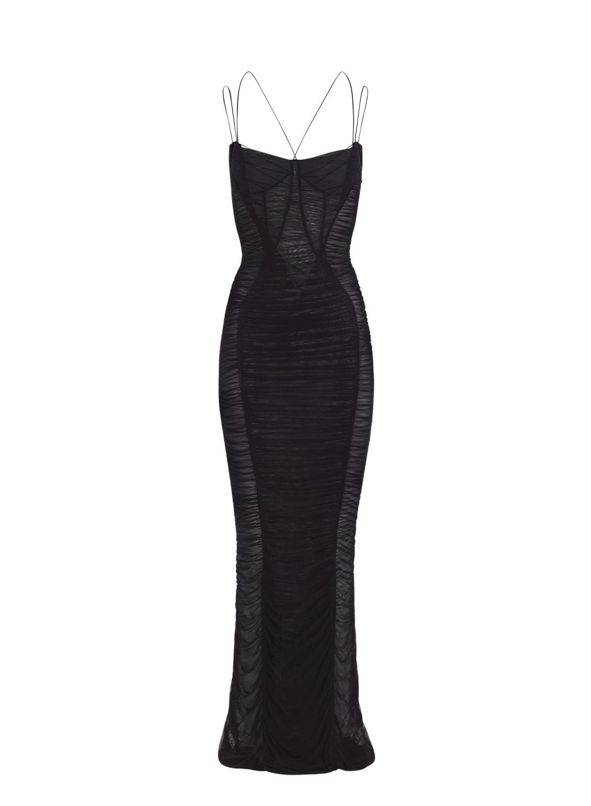 BLACK DRAPED MESH DRESS