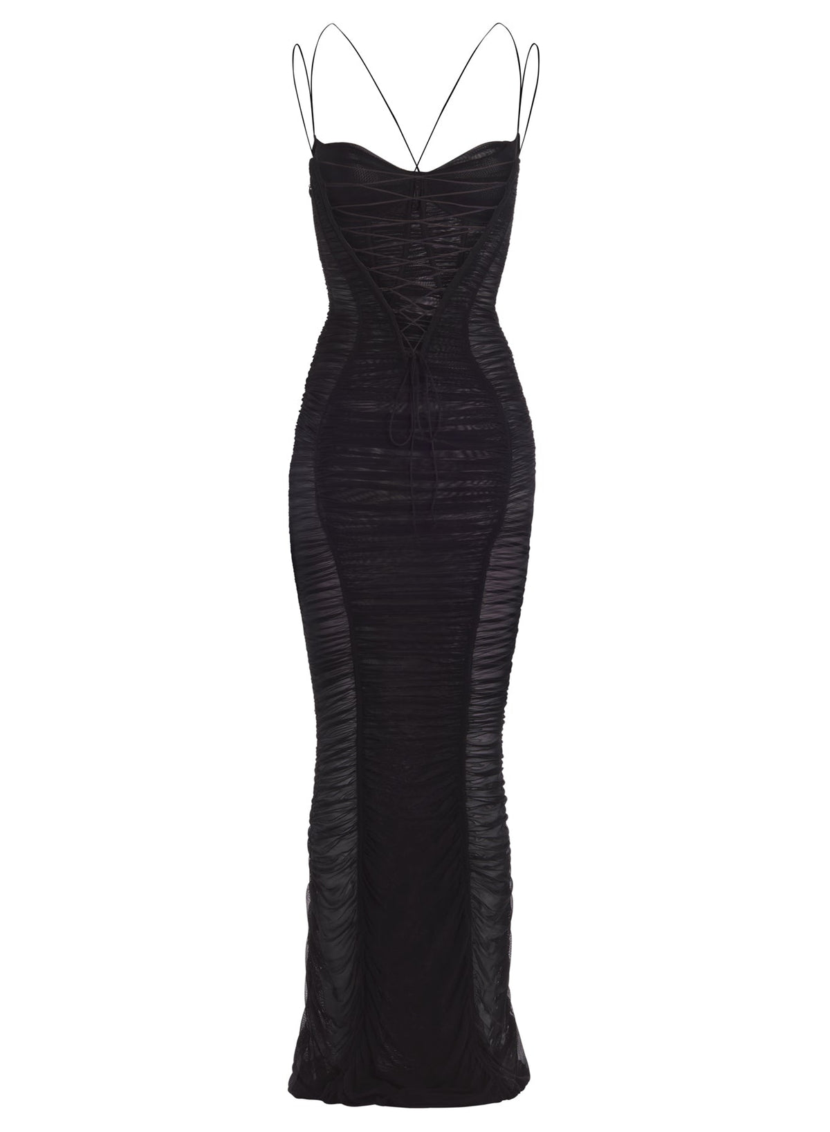 MAGENTA BACKLESS RUCHED MESH GOWN