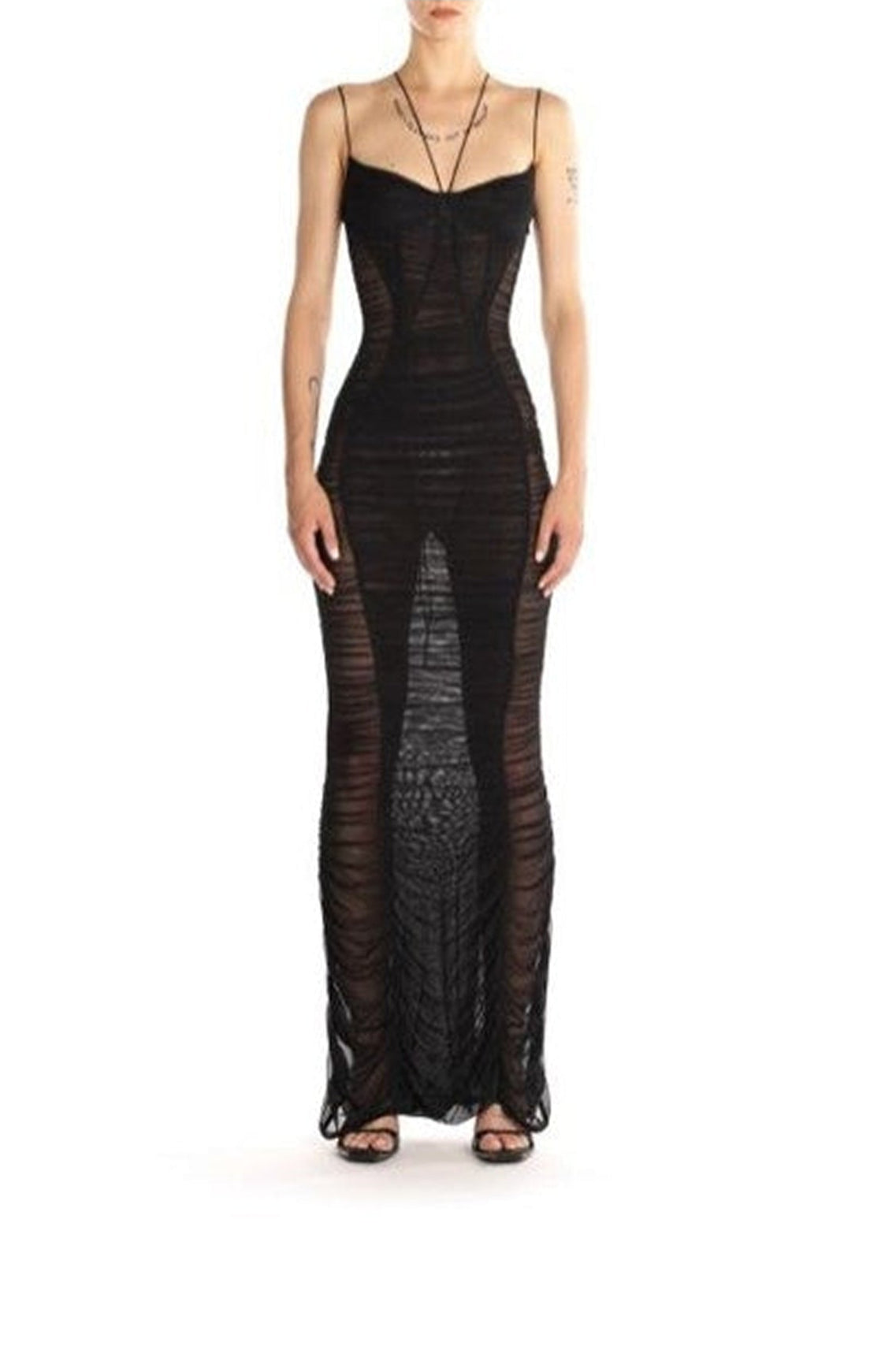 BLACK DRAPED MESH DRESS