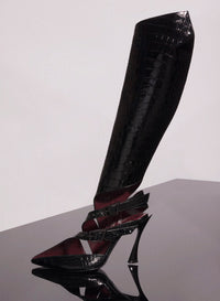 BLACK EMBOSSED CROCODILE BUCKLED FANG 95 KNEE HIGH BOOTS