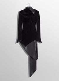 BLACK ASYMMETRICAL VELVET DRESS WITH LEATHER COLLAR