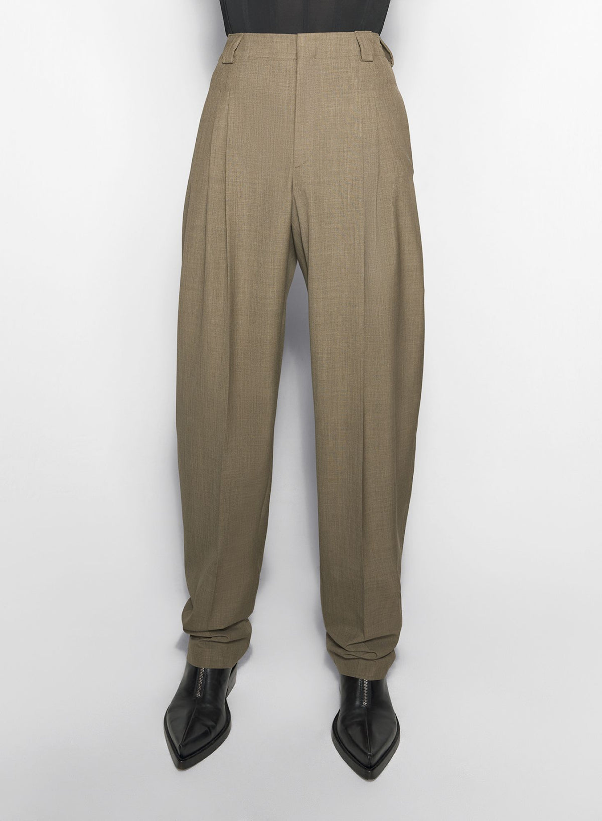 KHAKI PLEATED WIDE LEG TROUSERS