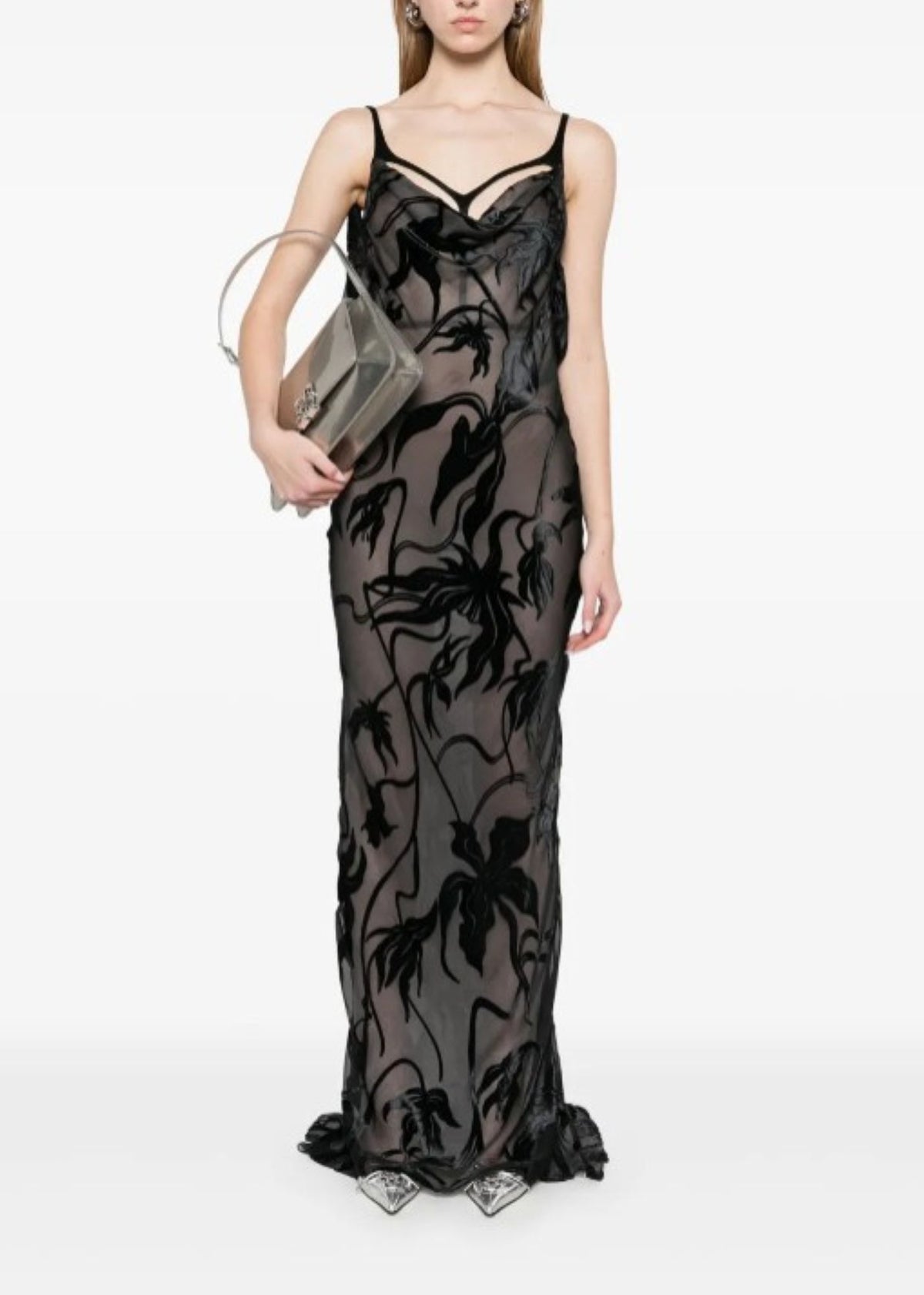 BLACK FLORAL PRINT BACKLESS VELVET GOWN