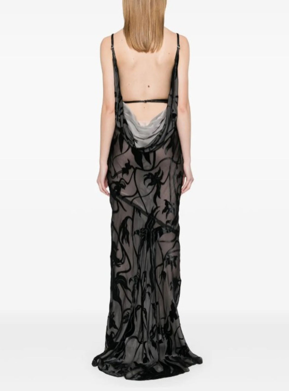 BLACK FLORAL PRINT BACKLESS VELVET GOWN