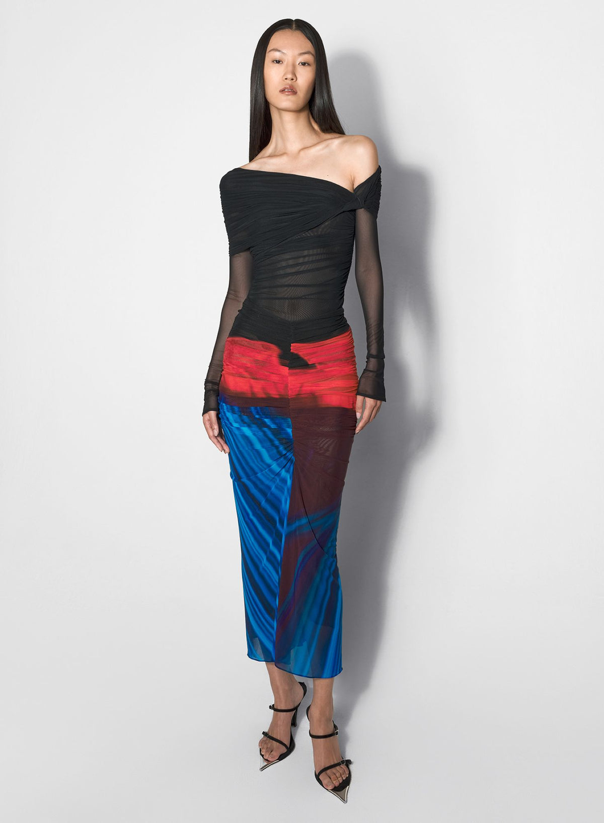 BLACK OFF-SHOULDER RUCHED BODYSUIT