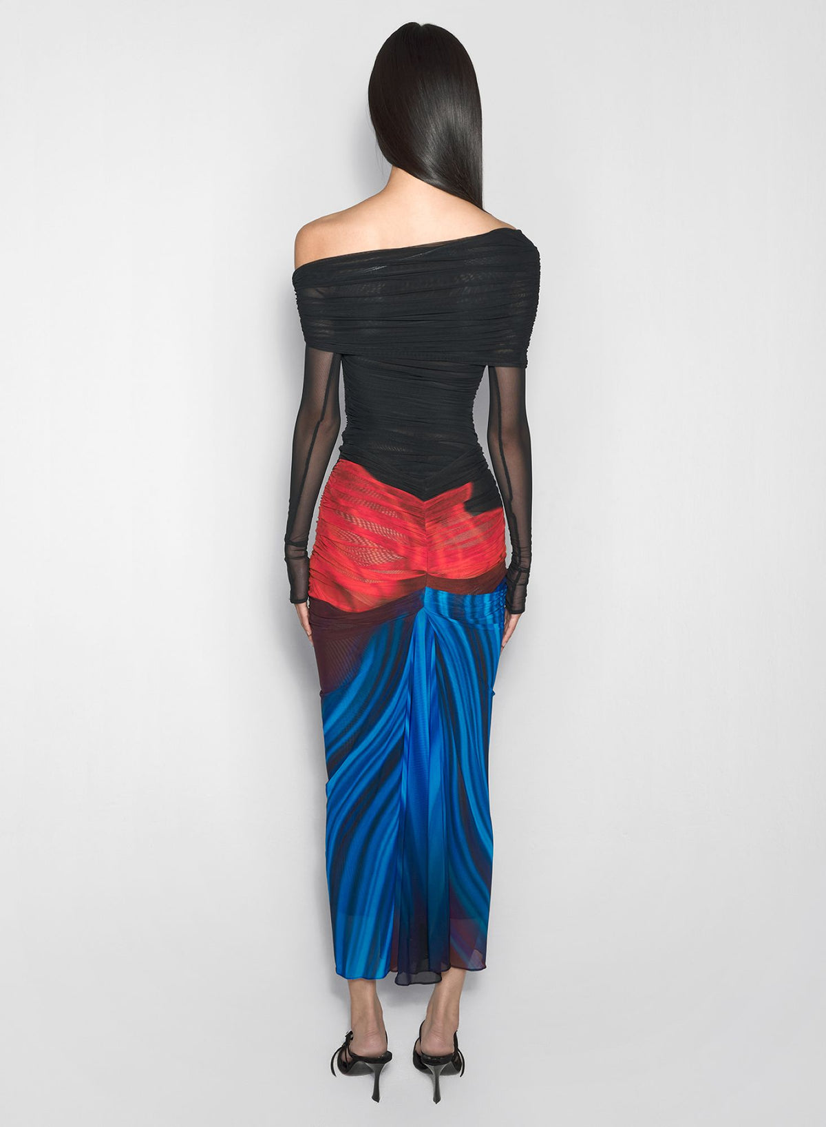 BLACK OFF-SHOULDER RUCHED BODYSUIT