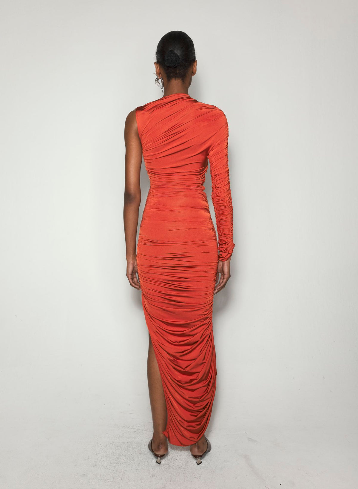 RED ASYMMETRICAL PIERCED RUCHED DRESS