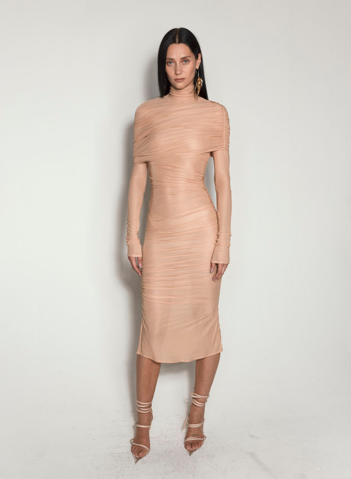 NUDE SHEER RUCHED DRESS