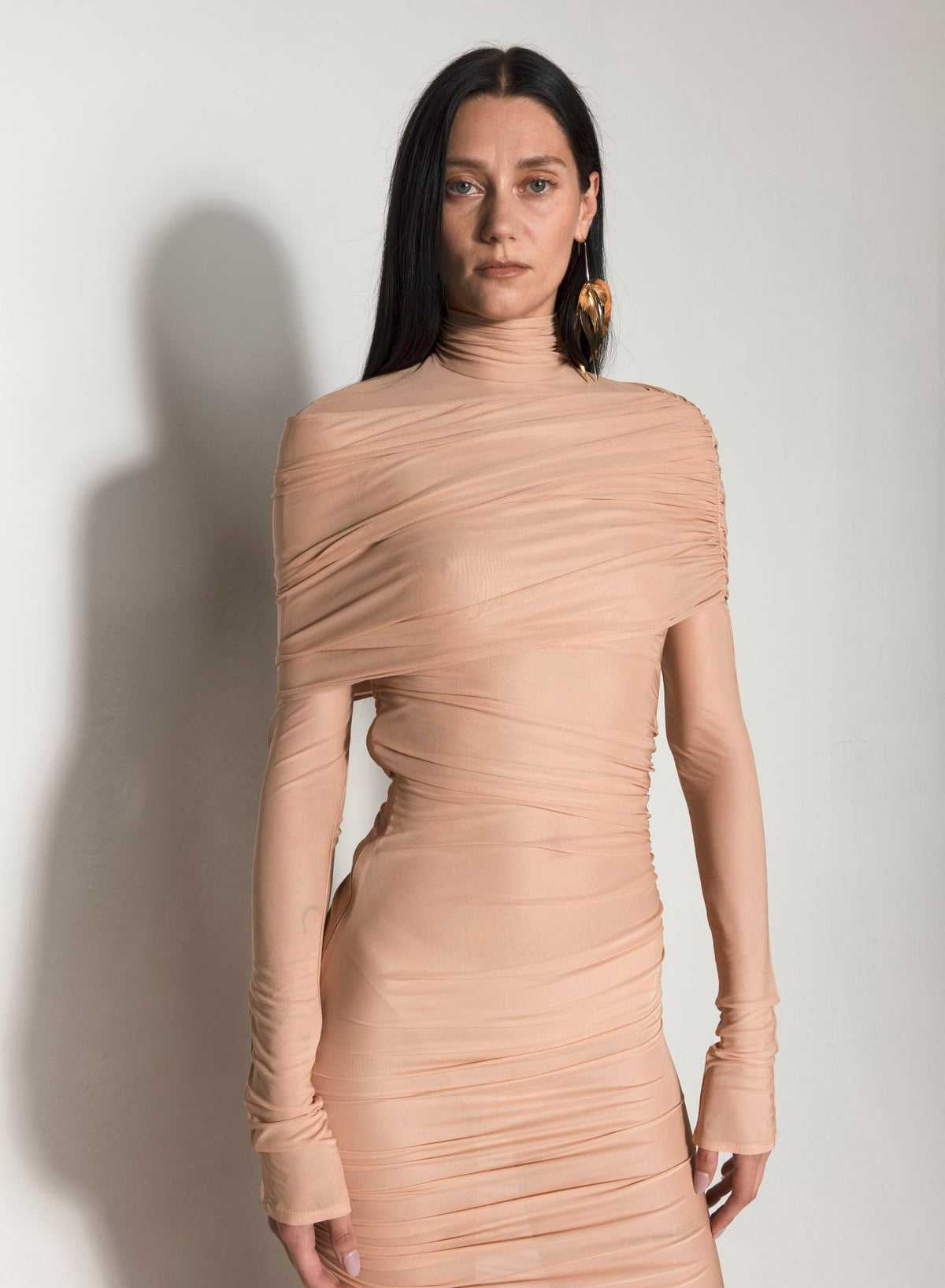 NUDE SHEER RUCHED DRESS