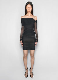 BLACK OFF-SHOULDER RUCHED DRESS