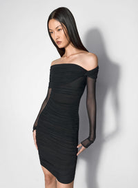 BLACK OFF-SHOULDER RUCHED DRESS