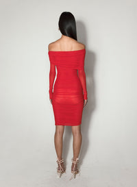 BLACK OFF-SHOULDER RUCHED DRESS