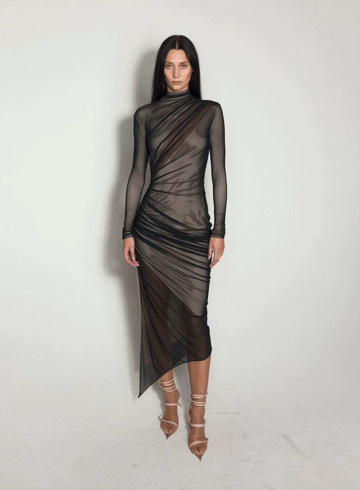 BLACK AND NUDE ASYMETRICAL DOUBLE LAYERED DRESS