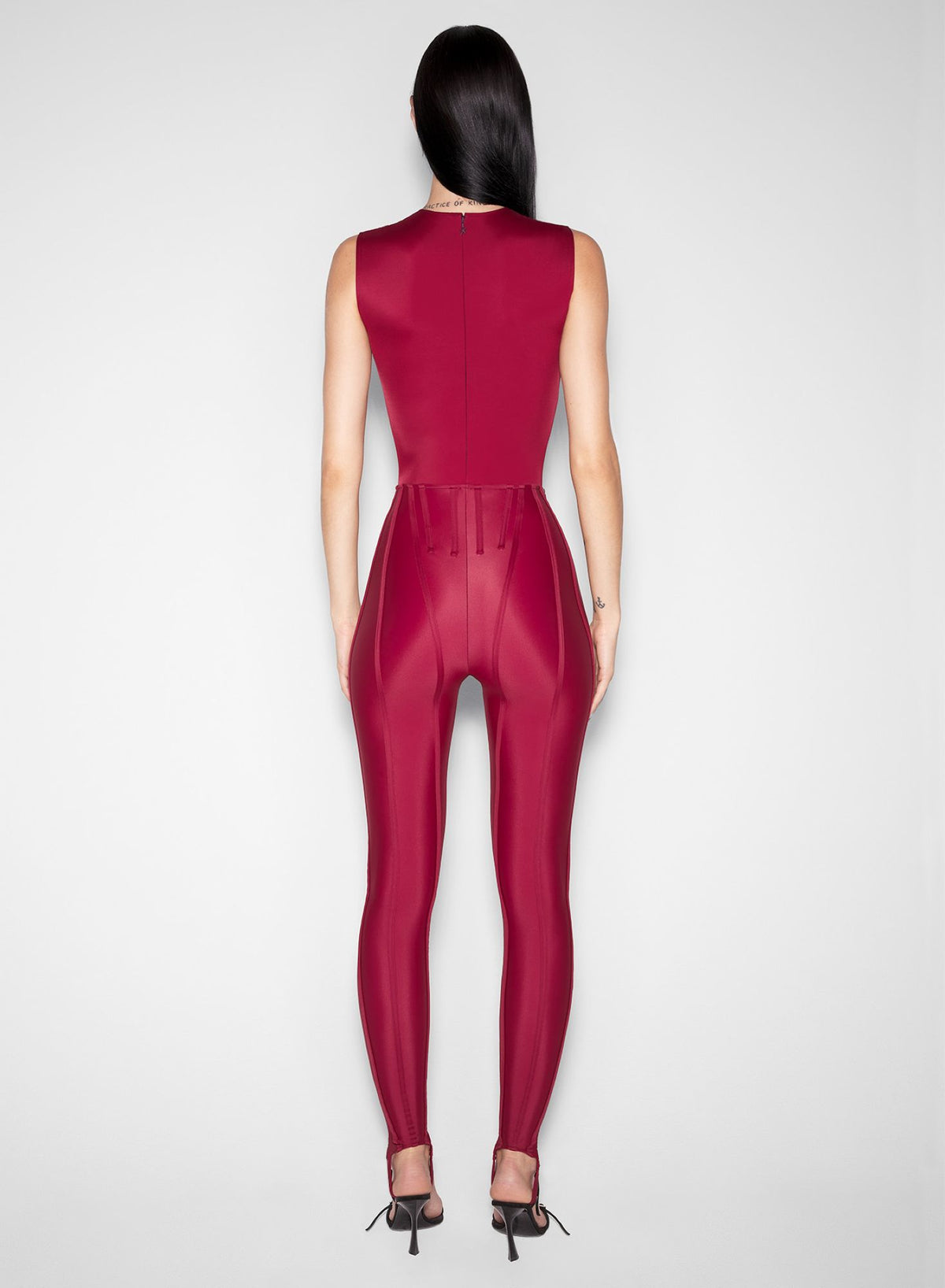 RED SLEEVELESS SHOULDER MUGLER LOGO BODYSUIT