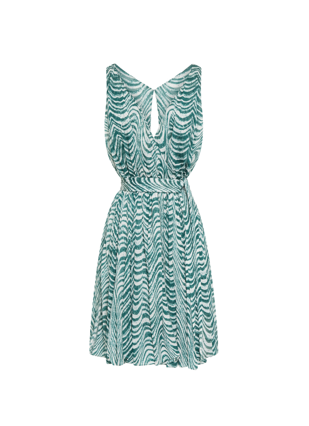 Robe courte sans manches Vagues mousseline en soie - Vert & Blanc