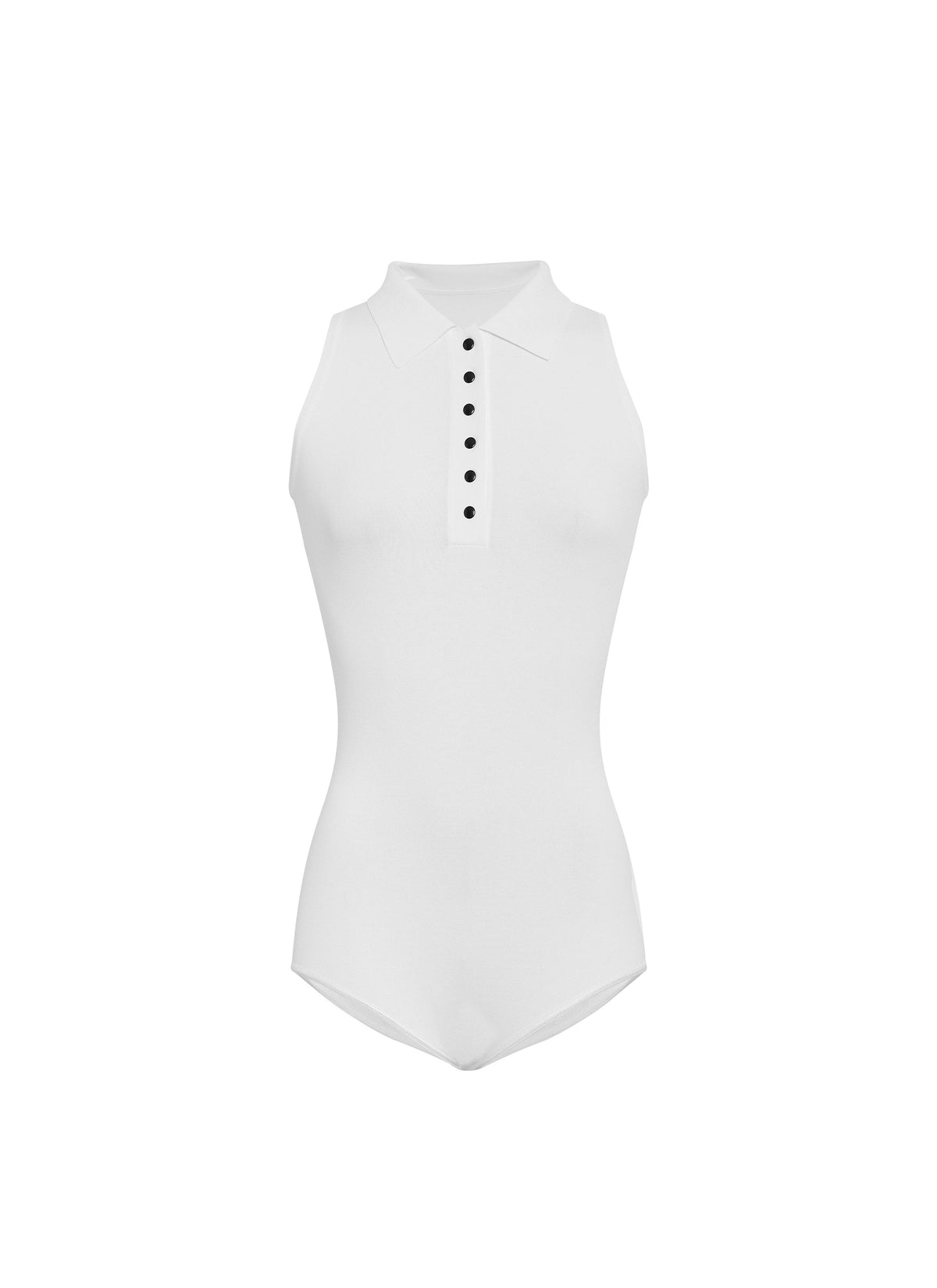 Sleeveless bodysuit with classic button-down collar - White