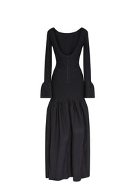 Robe col bateau à manches longues évasées en laine - Noir