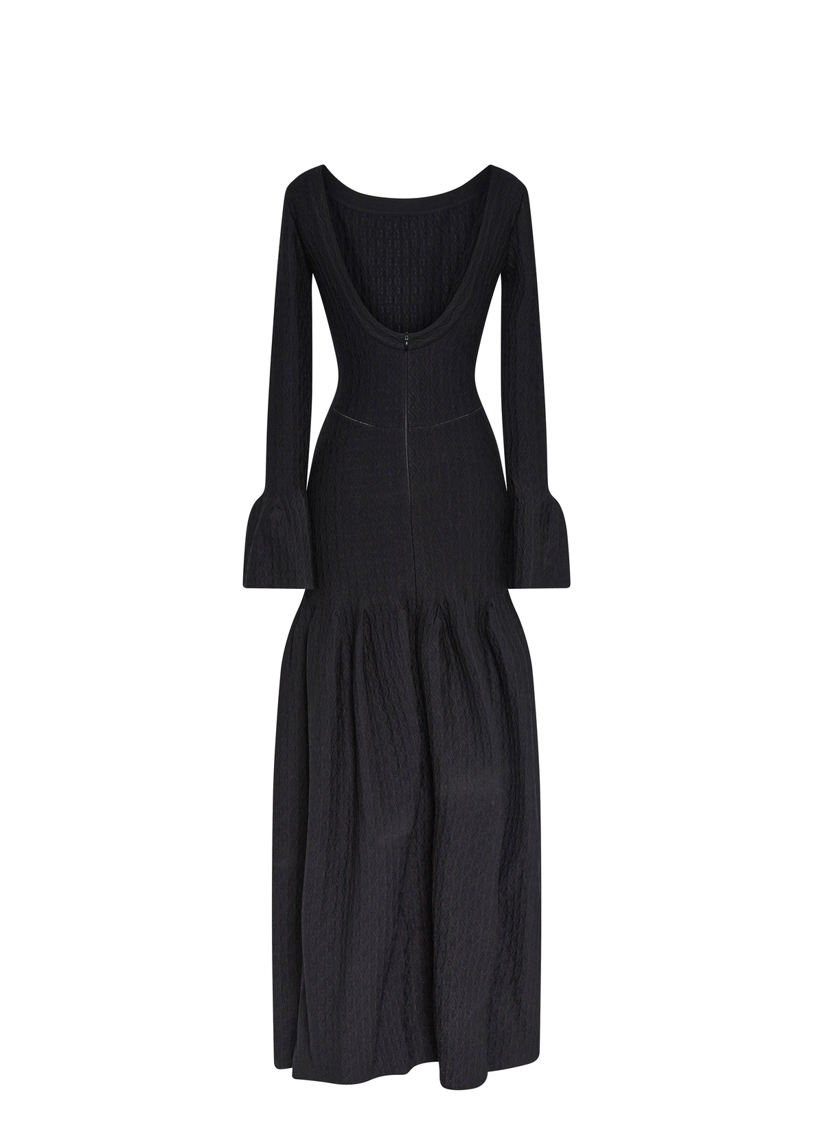Robe col bateau à manches longues évasées en laine - Noir