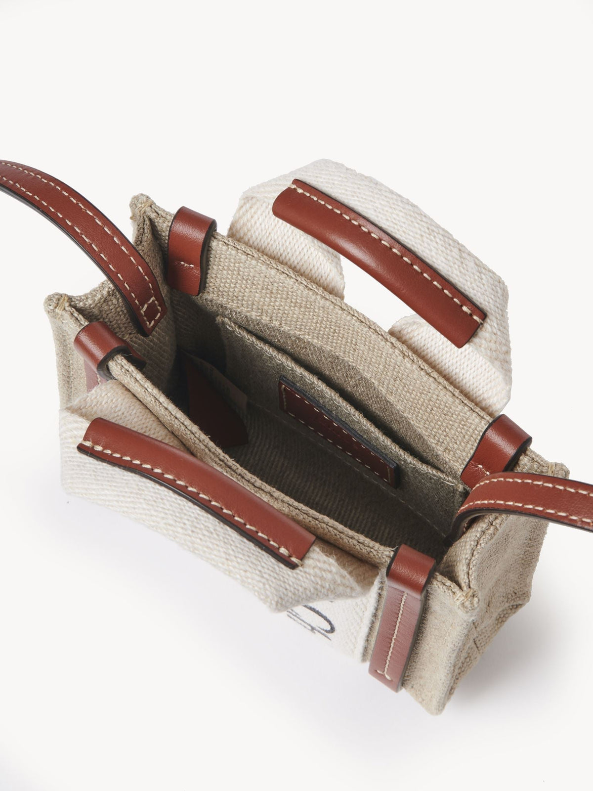 Sac cabas Woody Nano à bandoulière en lin - White & Brown