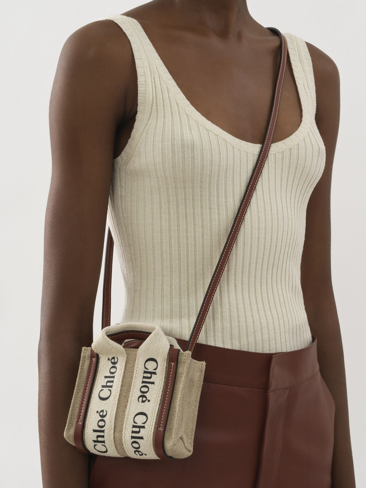 Sac cabas Woody Nano à bandoulière en lin - White & Brown