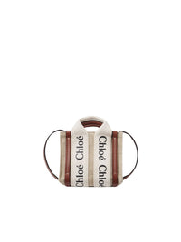 Sac cabas Woody Nano à bandoulière en lin - White & Brown