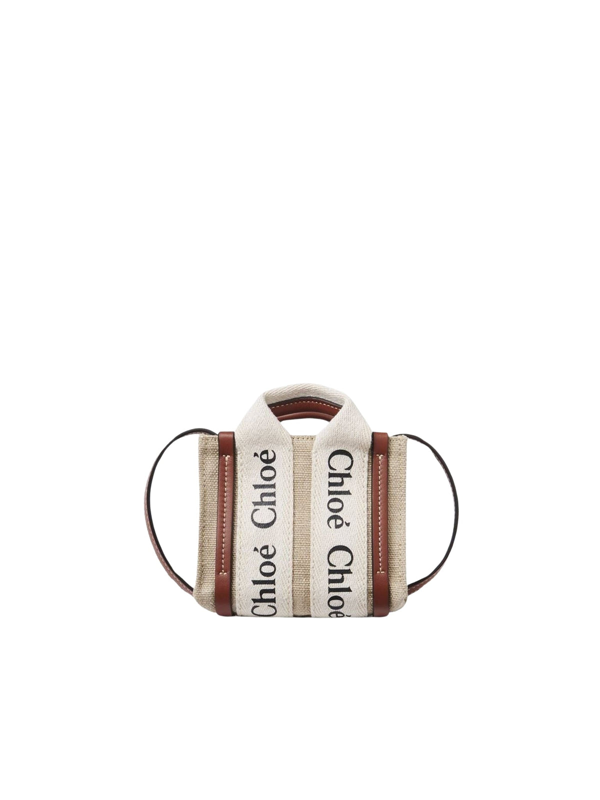 Sac cabas Woody Nano à bandoulière en lin - White & Brown