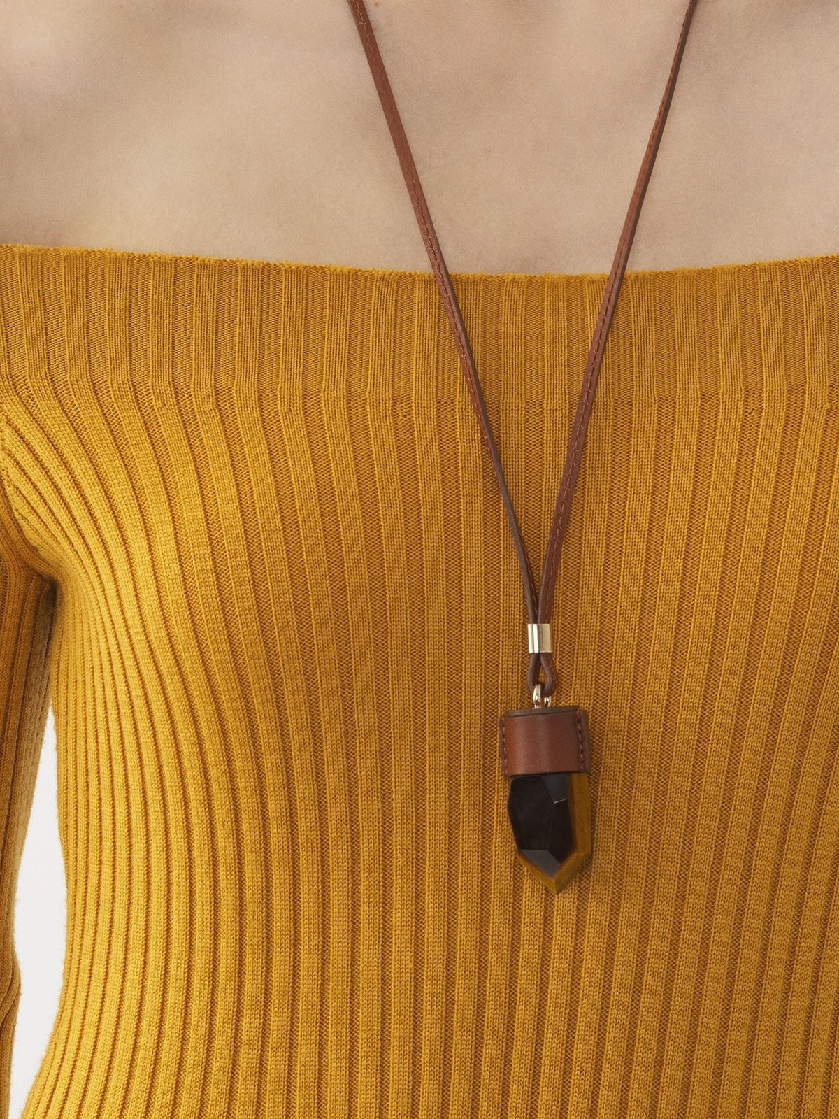 Collier moyen Jemma en cuir et pierre semi préçieuse - Brown
