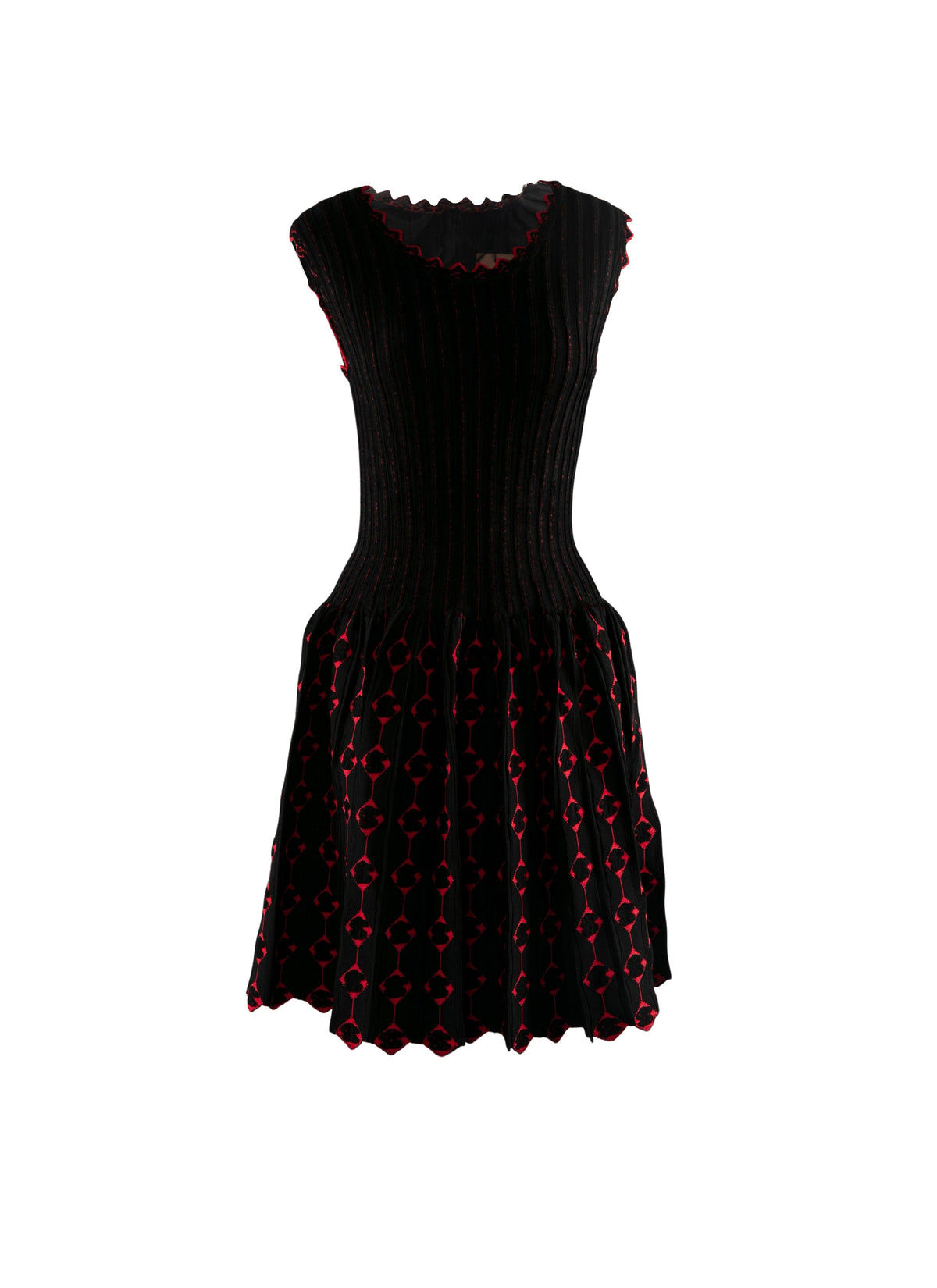 Robe courte plissée à col et manches festonnés - Noir & Rouge