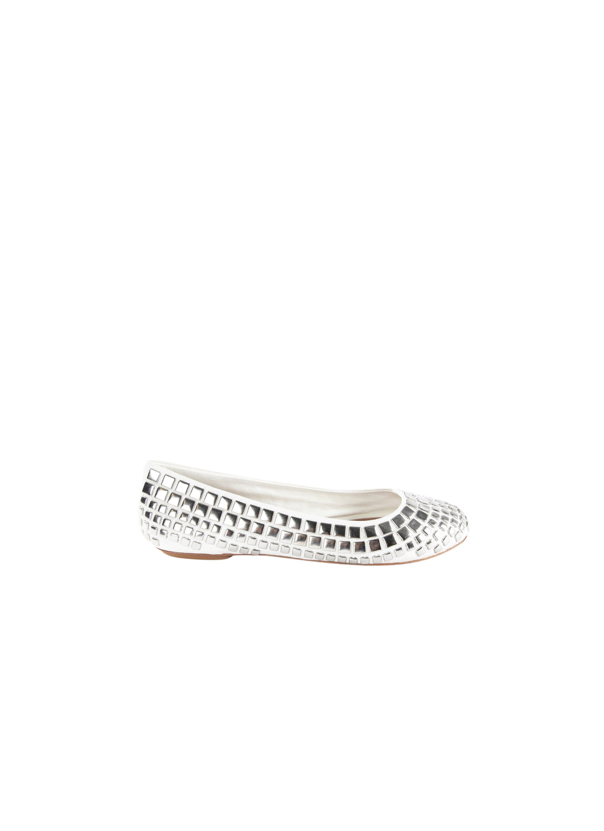Ballerines bout rond à empiècements carrés argentés en cuir - Blanc