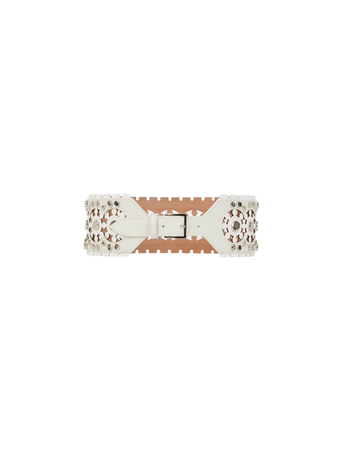 Perforated and studded flat belt in leather - Optic White
