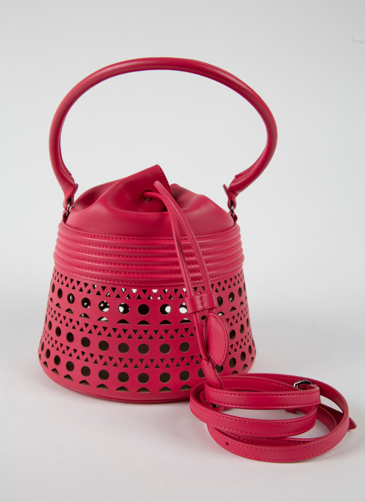 Sac corset Bucket en cuir - Framboise