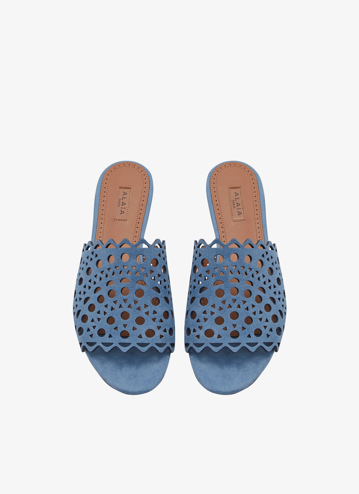 Sandales plates à motif ajouré en cuir - Bleu Denim