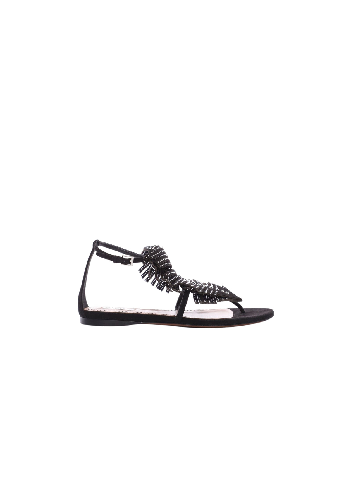 Flat sandals with studded leaf pattern in leather - Black