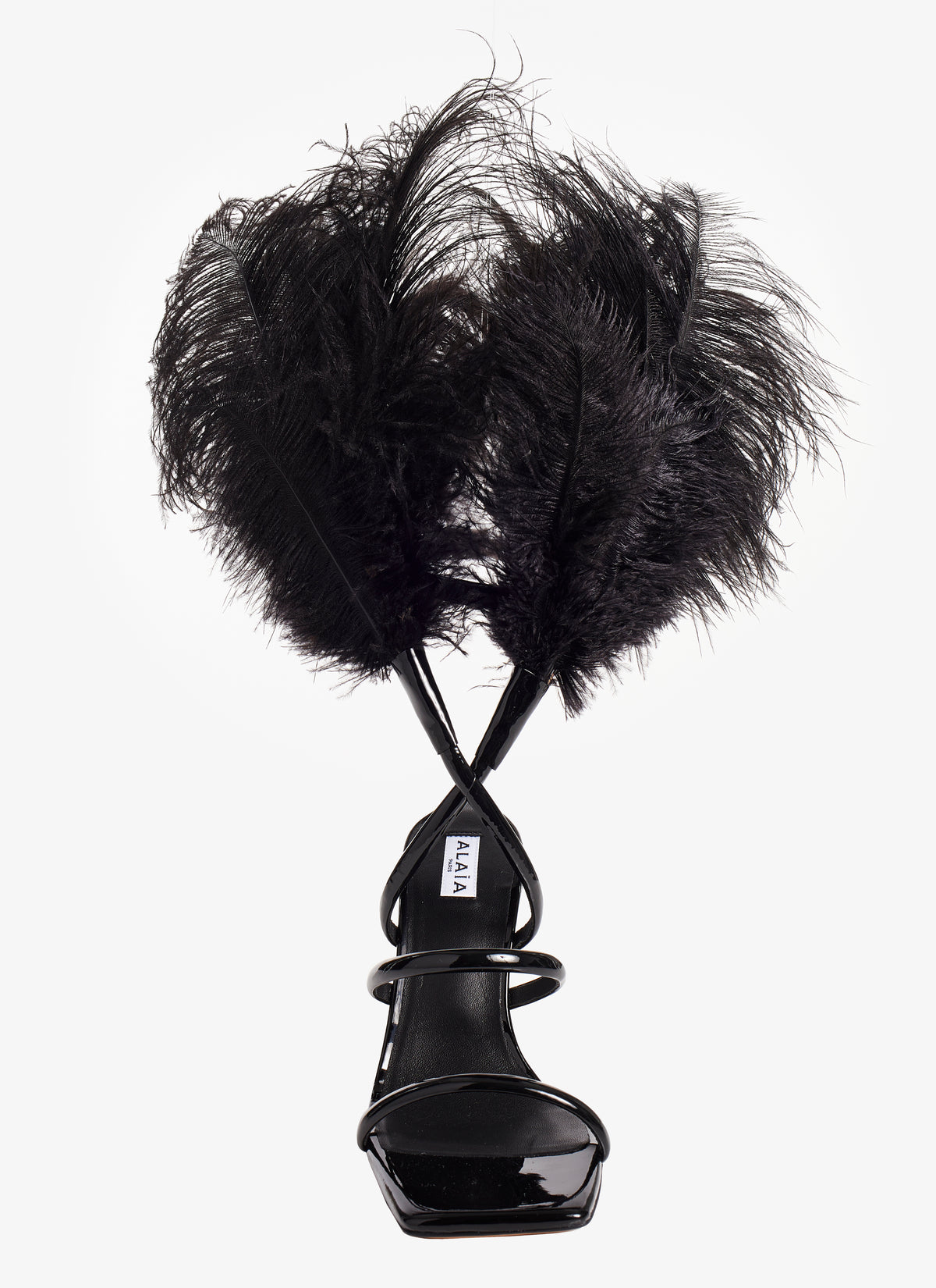 Sandales à talons à cuir verni et plumes - Noir