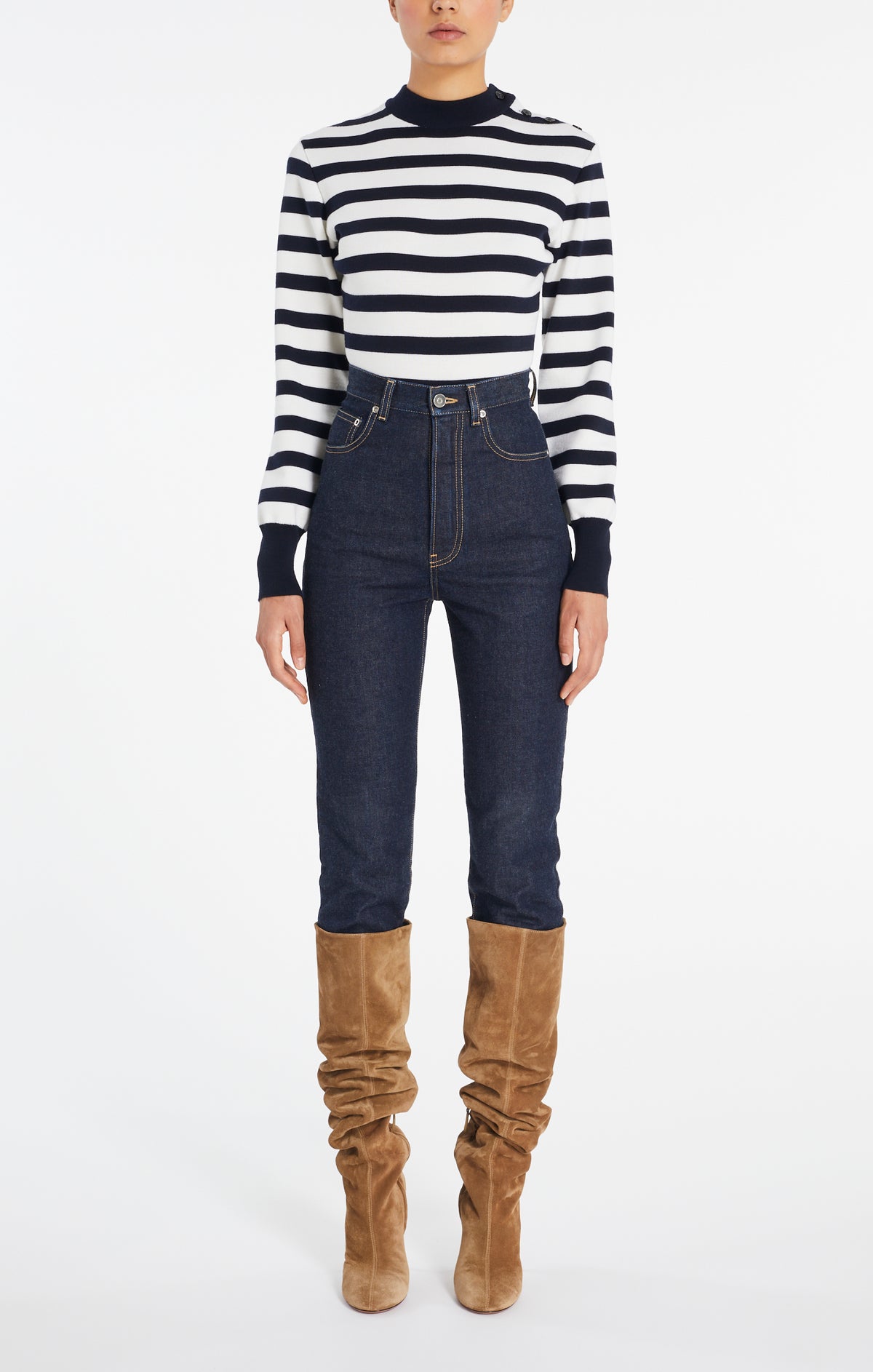 Striped Long Sleeve Wool Bodysuit - Navy & Ivory