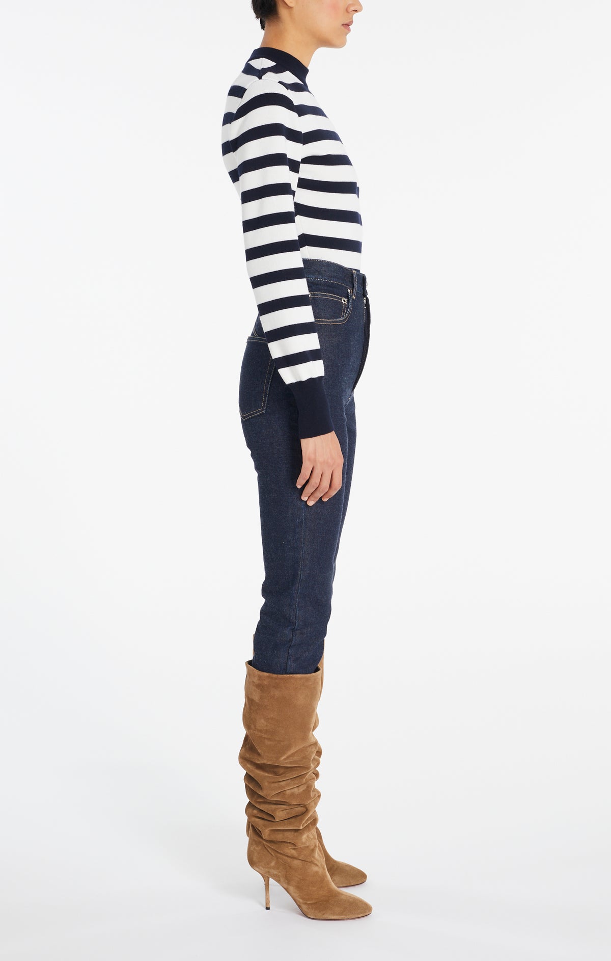 Striped Long Sleeve Wool Bodysuit - Navy & Ivory