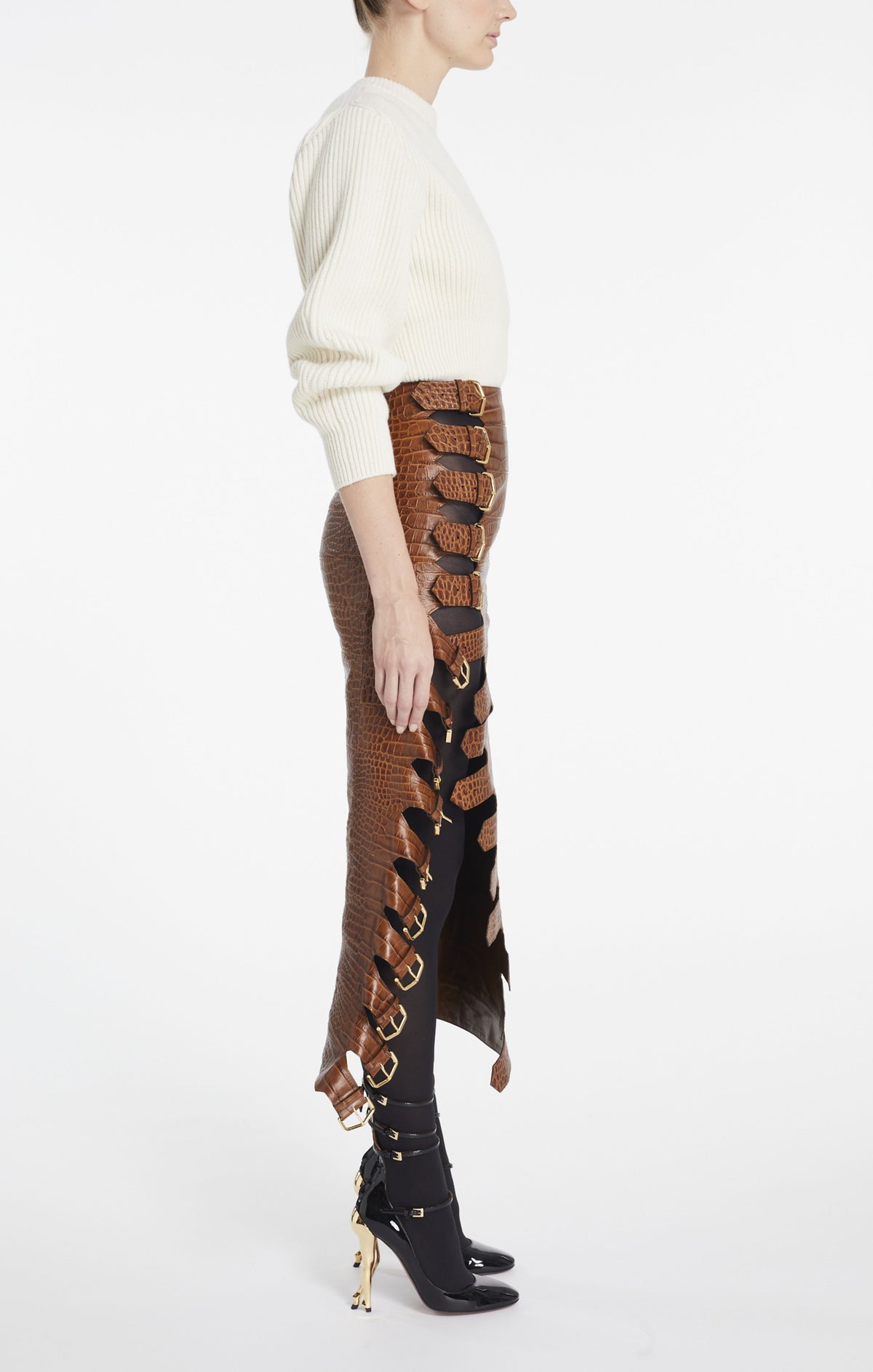 Jupe à boucle en cuir embossé crocodile - Tabac