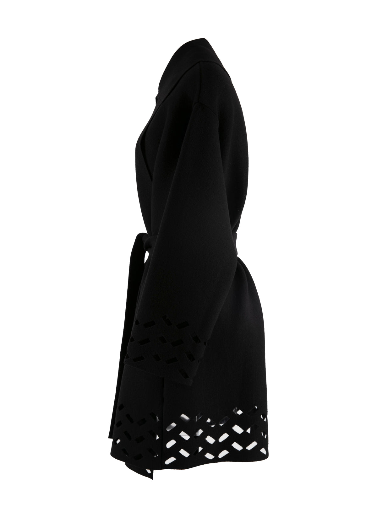 Manteau en laine ceinturé bords ajourés - Noir