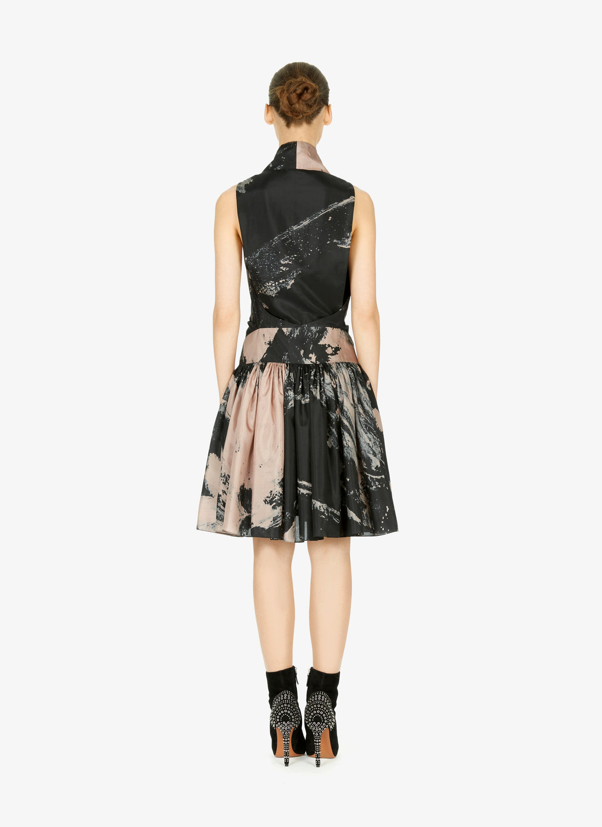 Silk floral print flared dress - Blue & Flesh
