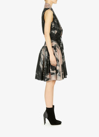 Silk floral print flared dress - Black & Flesh