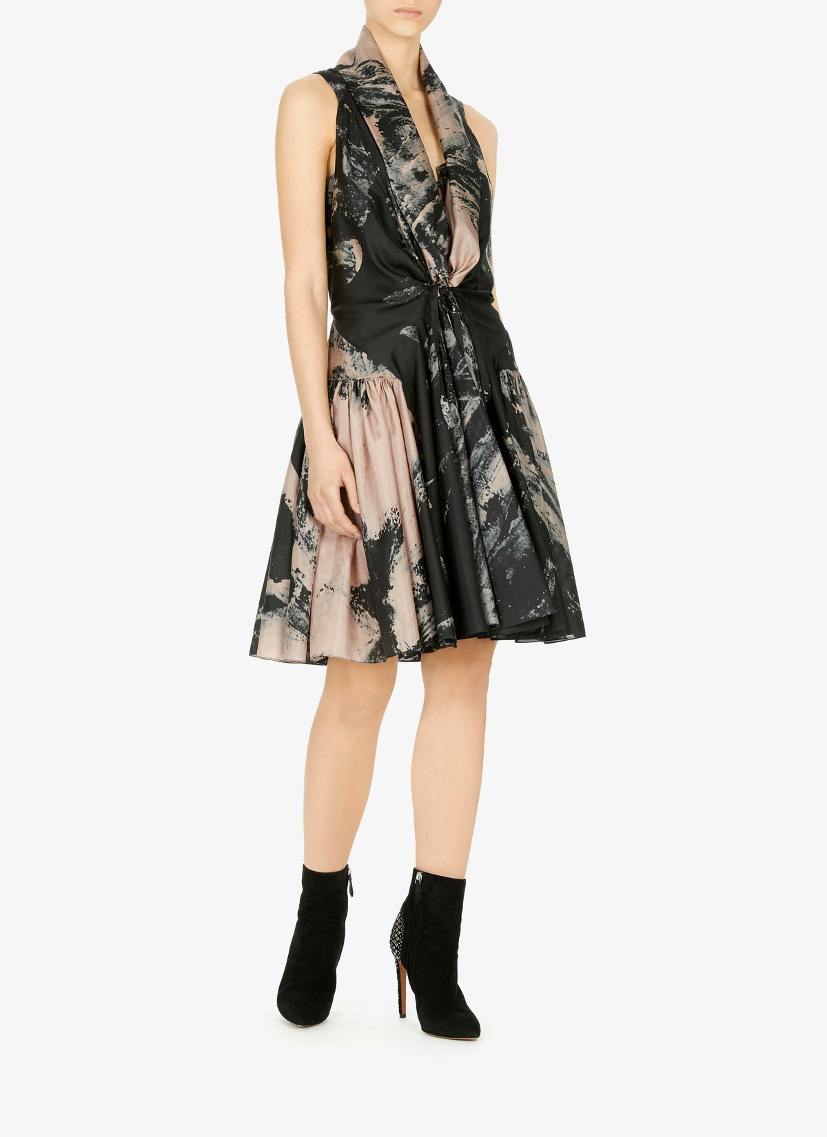Silk floral print flared dress - Black & Flesh