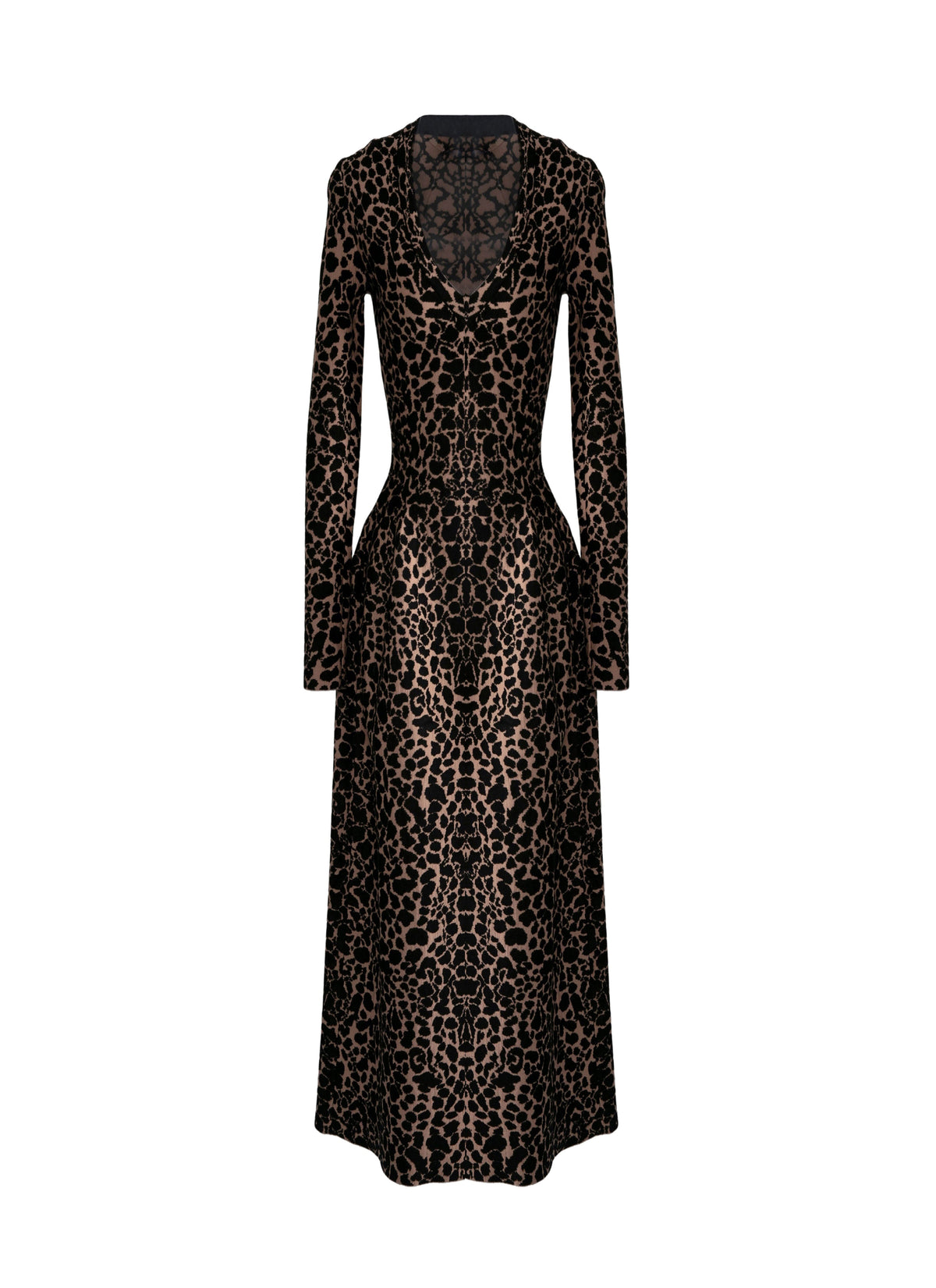 V-neck long dress with long sleeves in wool - Flesh & Black