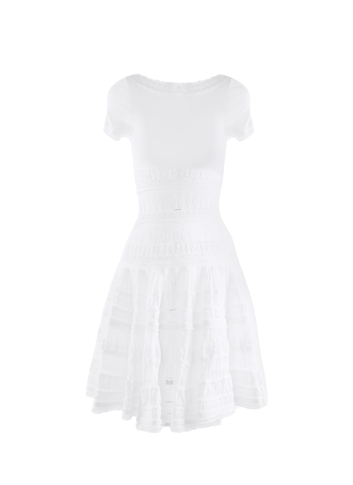 Flared short dress with embroidered details, short sleeves - White
